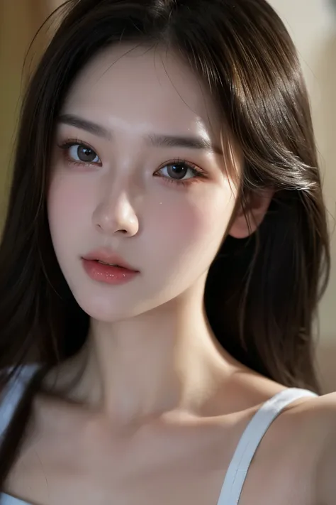 8K, best quality, masterpiece, ultra high resolution, (realism: 1.4), original photo, (realistic skin texture: 1.3), (film grain: 1.3), (selfie angle), 1 girl, Beautiful eyes and face details, masterpiece, best quality, enlargement, upper body, looking at ...