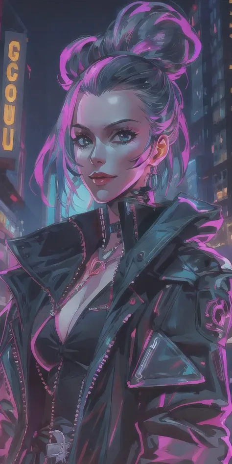 a beautiful cyberpunk girl with a demonic smile in a futuristic neon-lit city, long black coat, open shirt, detailed ribcage, sk...