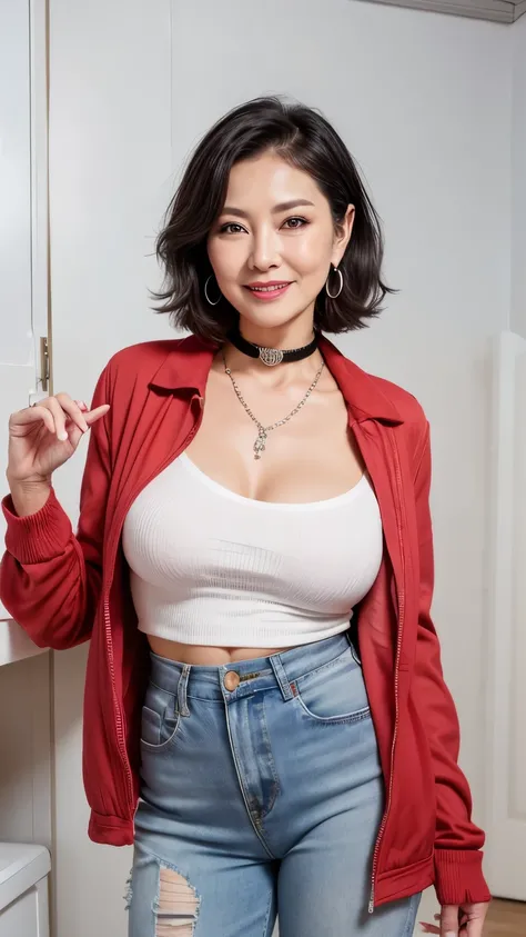 Short jacket　75 years old　mom　milf　Korean, Lady　large earring　Big choker　navel piercing decoration　A bracelet　Silver Hair　realisitic　Gorgeous Madame Beautiful Mature Woman　sexly　Smile　Gentle woman navel piercing　４K　High quality laundry room　Laundry　Hanging...