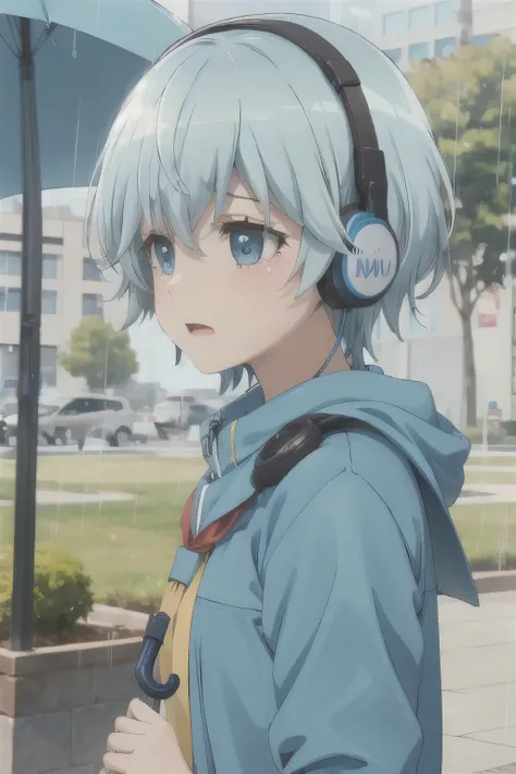 ,School_,earphone,Rainy Day，Umbrella，front，cry，Blue Hair