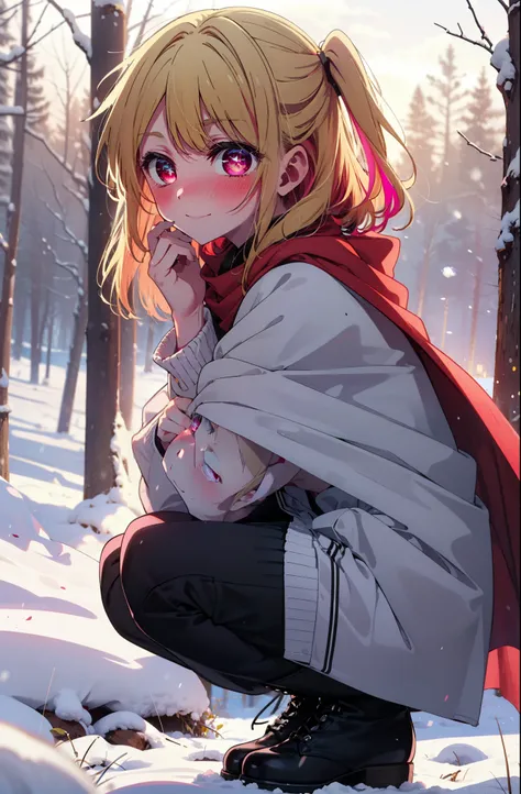 rubyhoshino, Hoshino Ruby, Long Hair, bangs, Blonde, (Pink Eyes:1.3), Side Lock, (Symbol-shaped pupil:1.5), Multicolored Hair, Two-tone hair, smile,,smile,blush,White Breath,
Open your mouth,snow,Ground bonfire, Outdoor, boots, snowing, From the side, wood...