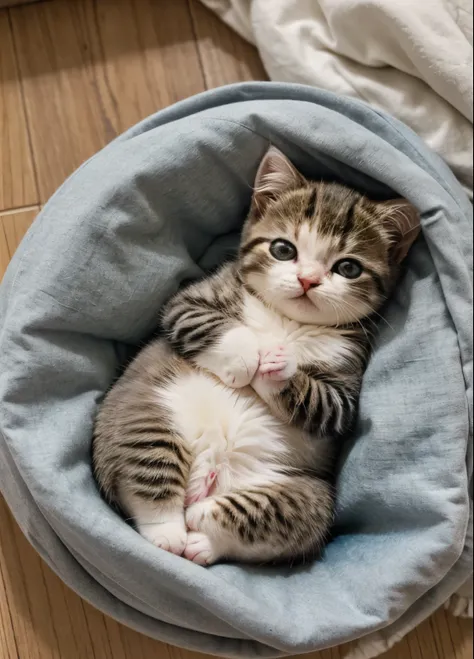 An overhead view of a fluffy kitten curled up and sleeping in the laundry. The kitten is small and has soft, plush fur, creating an adorable and cozy scene. The kitten is nestled comfortably in a circular shape, emphasizing its round, compact form as it re...