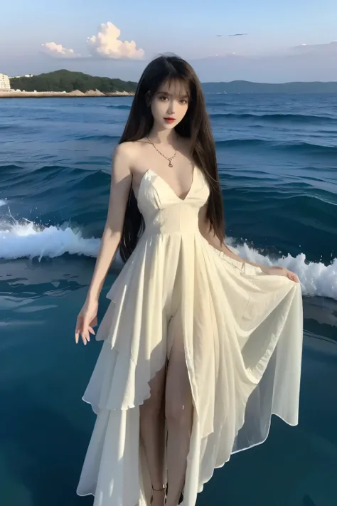 Beautiful woman with perfect body：1.4，Prominent cleavage，Layered Hairstyle，Highly detailed face and skin textures，Double eyelids，Skin Whitening，Long hair，Whitened long legs，（Sky blue evening dress，necklace），Standing by the sea，Half-length photo