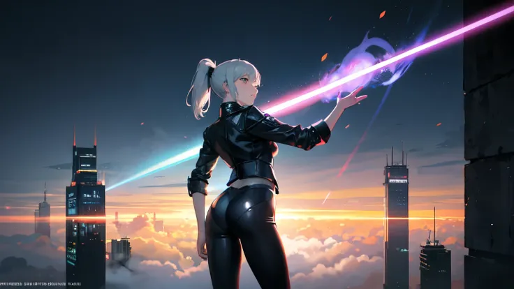 One Girl, ponytail ,Gray Hair, Purple eyes, Blue Fire, Blue Flame, wallpaper, City of Fog ,Written boundary depth, fog night, Particles of light, Side lighting,Black leather pants,Black leather jacket, destiny (series), Genshin Impact, cloud,Stretch one ha...