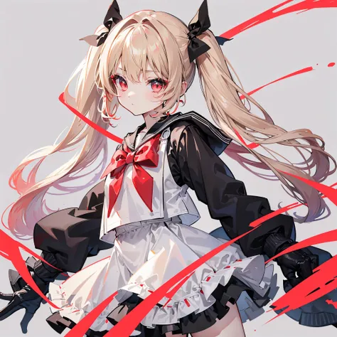 One girl、Hair colorbeige、Red eyes、Twin tails、Long Hair、Simple hair ribbon、Monochrome clothes、Large coat、Black gloves、Simple background、Shorts、Sailor suit