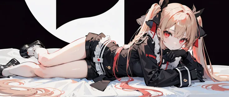 One girl、Hair colorbeige、Red eyes、Twin tails、Long Hair、Simple hair ribbon、Monochrome clothes、Large coat、Black gloves、Simple background、Shorts、lying down