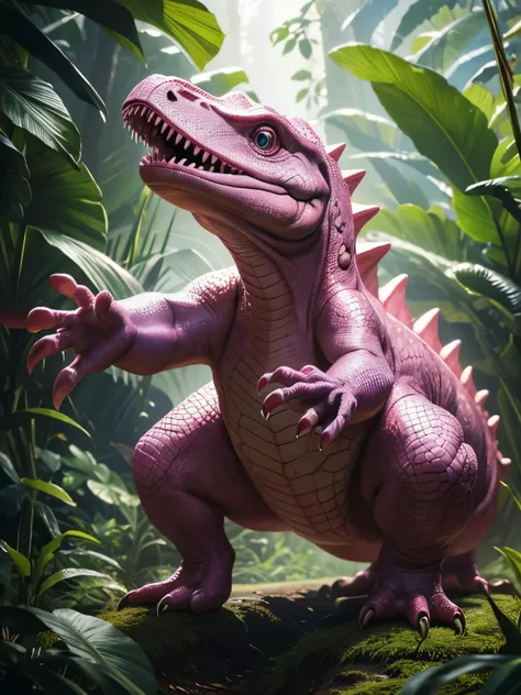 a pink dinosaur, cute baby dinosaur, photorealistic, 8k, hyperdetailed, vibrant colors, dynamic pose, adorable expression, soft textures, realistic scales, natural environment, lush foliage, beautiful lighting, cinematic composition, high quality, digital ...