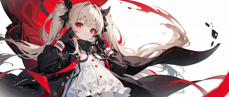 One girl、Hair colorbeige、Red eyes、Twin tails、Long Hair、Simple hair ribbon、Monochrome clothes、Large coat、Black gloves、Simple background、Shorts、