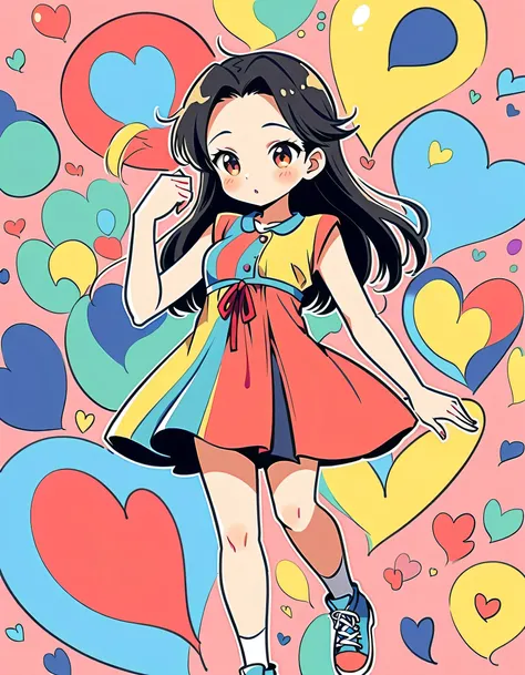 Black Star Red and White style, Simple Line Initialism，Abstract art，Urban Background, colorful hearts ,colorful hearts, (((The most beautiful girl of all time))), walking, Cute and colorful amoeba