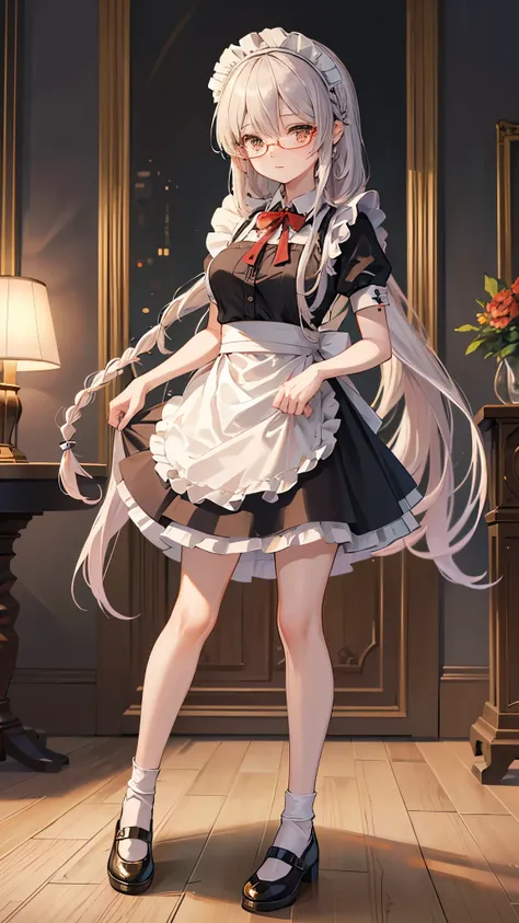 ((Highest quality)),(Ultra-high resolution),(Ultra-detailed new),(Detailed Description),((The best CG)),(masterpiece),Highly detailed art,A wonderful new art form,(Art with precise details:1.5), (Maid:1.7),(Cheerful:1.4),(Two braided long hair:1.6),(クラシカルM...