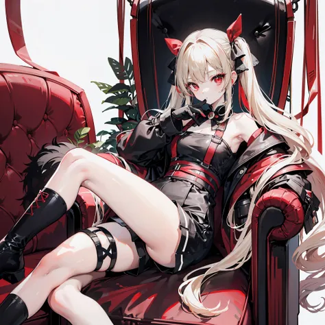 One girl、Hair colorbeige、Red eyes、Twin tails、Long Hair、Simple hair ribbon、Monochrome clothes、Large coat、Black gloves、Simple background、Shorts、Sitting in a big red chair