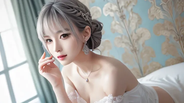 Purple lace tong&OK, (((Very elegant and beautiful, Perfect details, Very detailed))), whole body, The most detailed girl, Writing border depth, Beautifully detailed whole body, Thin legs, 1 girl, 30 years old, Very short hair, Spiked Hair, Gray and Silver...