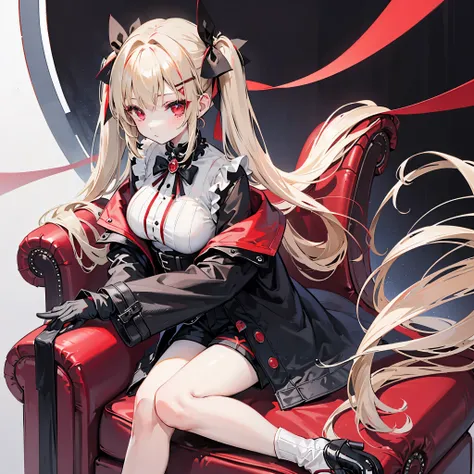 One girl、Hair colorbeige、Red eyes、Twin tails、Long Hair、Simple hair ribbon、Monochrome clothes、Large coat、Black gloves、Simple background、Shorts、Sitting in a big red chair