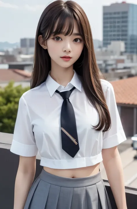 Highest quality,8K,High definition,18-year-old,actress,Brown long straight hair,With bangs,（navel）,Blouse and tie,,Grey mini skirt,Rooftop