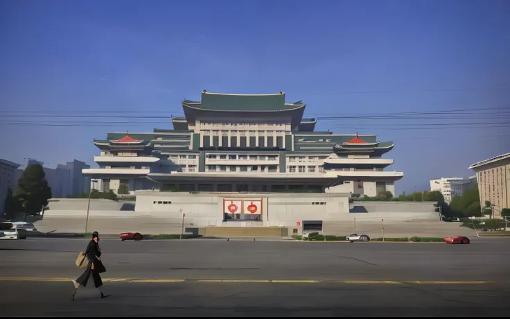 the arav building has a large entrance，a woman is crossing the street, pyongyang, pyongyang city, north, trampling over pyongyan...