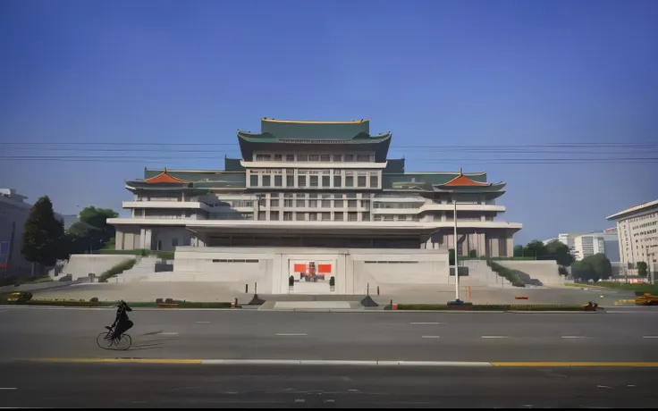 the arav building has a large entrance，a woman is crossing the street, pyongyang, pyongyang city, north, trampling over pyongyan...