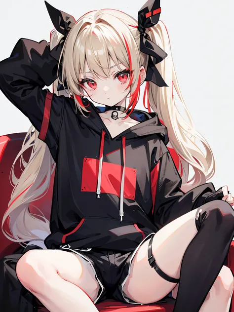 One girl、Hair colorbeige、Red eyes、Twin tails、Long Hair、Simple hair ribbon、Monochrome clothes、Big hoodie、Black gloves、Simple background、Shorts、Big chair