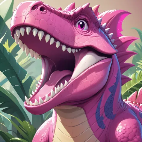 A laughing vibrant pink dinosaur, closeup, cartoon style, stylized, detailed textures, high quality, intricate features