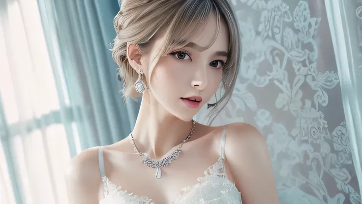 Purple lace tong&OK, (((Very elegant and beautiful, Perfect details, Very detailed))), whole body, The most detailed girl, Writing border depth, Beautifully detailed whole body, Thin legs, 1 girl, 30 years old, Very short hair, Spiked Hair, Gray and Silver...