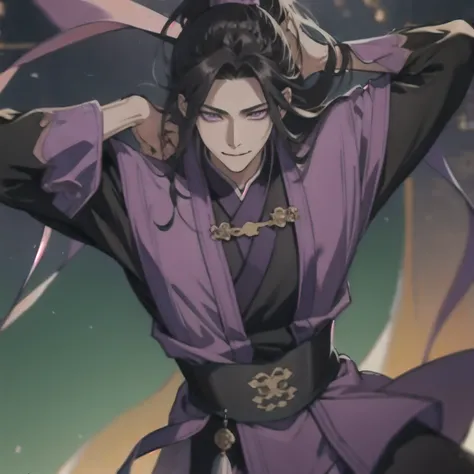 (masterpiece, best quality:1.2), 1male, solo, jiang cheng, mo dao zu shi, mdzs, purple and black clothes, purple eyes, long black hair, perfect anatomy, happy, smile