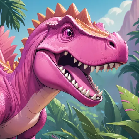 a laughing vibrant pink dinosaur, closeup, cartoon style, stylized, detailed textures, high quality, intricate features