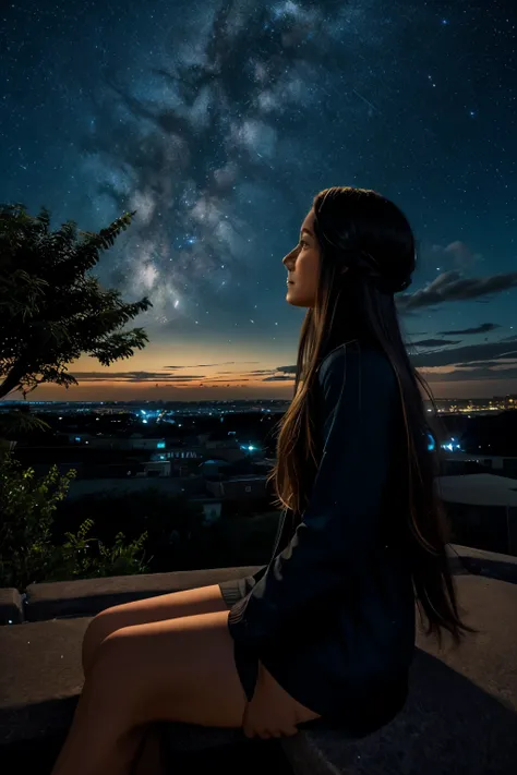 octans, sky, star (sky), scenery, starry sky, night, 1girl, night sky, solo, outdoors, building, cloud, milky way, sitting, tree, long hair, city, silhouette, cityscape