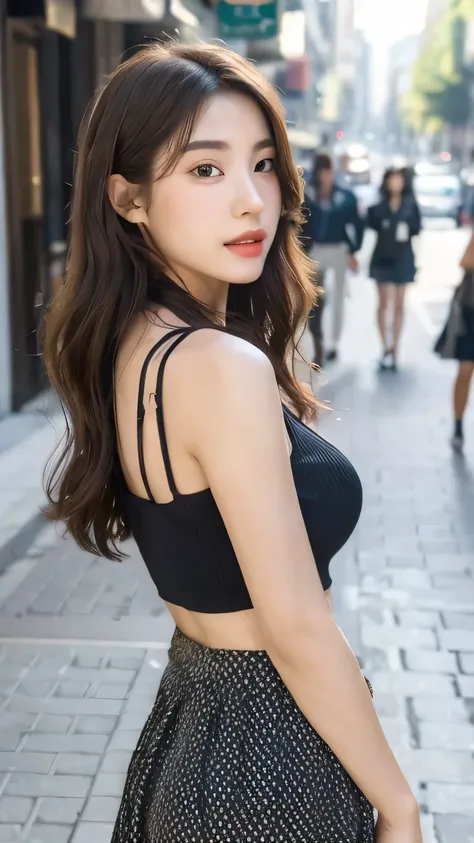 ((best quality, 8K, masterpiece:1.3))，1 Girl，18 years old，Asia，Real Texture:1.3，(Background blur:1.3)，Gorgeous long skirt，Slender figure:1.2，(hot weather in summer)，（street:1.3），Highly detailed face and skin texture，Exquisite eyes，Long eyelashes，Double eye...