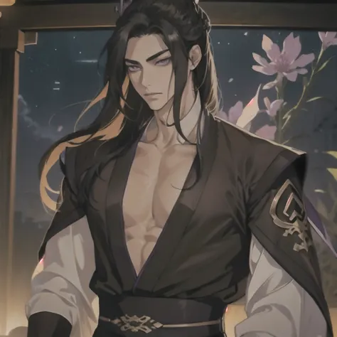 (masterpiece, best quality:1.2), 1male, solo, jiang cheng, mo dao zu shi, mdzs, clothes off, purple eyes, long black hair, perfect anatomy, nudity