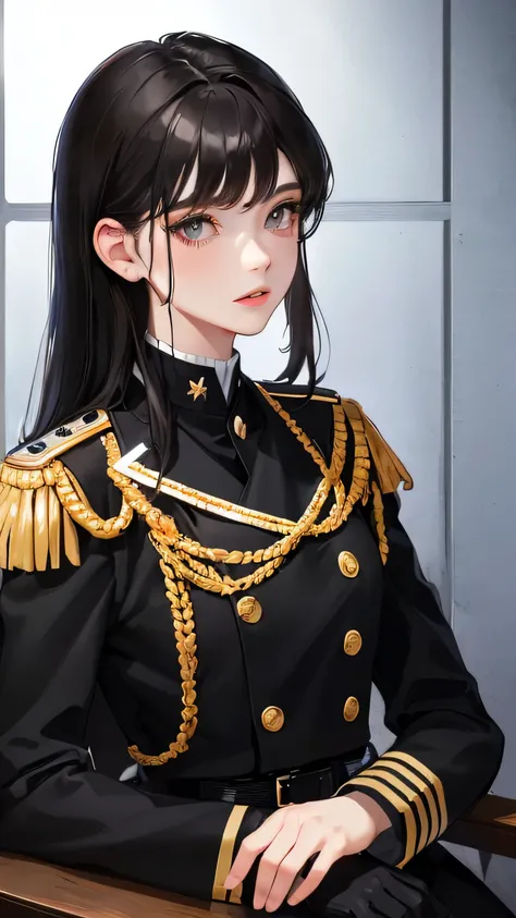 (highest resolution, distinct_image) best quality, woman, masterpiece, high detail, semi-realistic, short black hair, black hair, bangs, 21 years old, shoulder-length hair, mature, young, black clothes, black uniform, military academy beauty heroic heroic ...