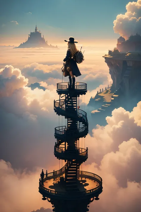 steampunkai。(Highest quality:1.2)。One Woman。Beautiful steampunk witch。Blonde Long Hair。Standing on a metal spiral staircase。Looking into the distance。The background is a sea of clouds and high clouds。