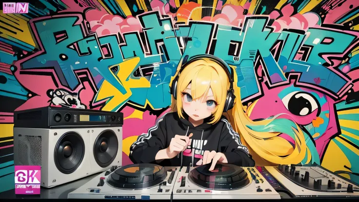 poster art, very close up, graffiti DJs girl dance on a chair with a DJs girl in her hand, graffiti art inspired by Tadanori Yokoo, PIKIV, shock art, Bright colorful comic book style, graffiti _ Background ( DJ console, huge music speakers ), amazing manga...