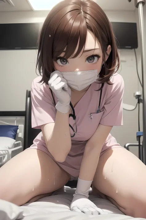 Beautiful young woman, Anime Style, Detailed face, Redhead, Wet Hair, Big eyes, pinkの目, Delicate features,One Girl, alone, nurse, pink, White gloves, Very short hair, Orange Hair, ((White surgical mask, Covered Nose)),Lying in bed, ((Hospital room)), Sharp...