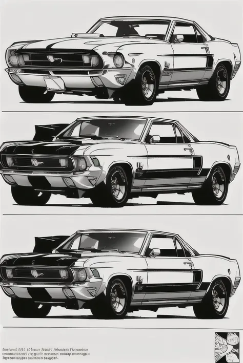 Create a Coloring page of Ford Mustang model 1969, Ultra HD, hand-draw, lineart, car lines, and scenes without colors and shadows.  create only an outline of the car so that people can fill color inside the picture.