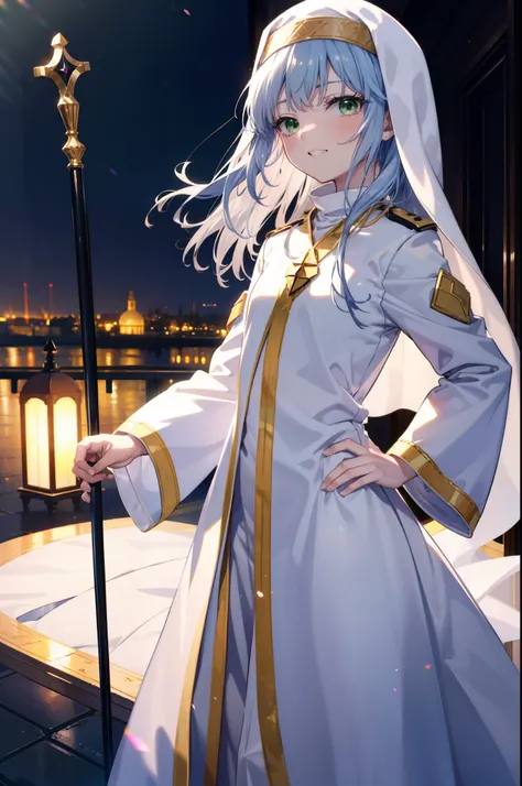 index, index, (Green Eyes:1.5), Silver Hair, Long Hair, (Flat Chest:1.2),Grin,
break habit, Long sleeve, Nuns, Robe, white Robe, Wide sleeves,Long skirt,boots,Put your right hand on your hip,In his left hand he holds a long sacred staff,whole bodyがイラストに入るよ...