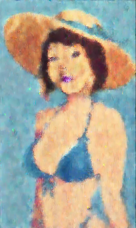 score_9, score_8_up, score_7_up, r1s0, 1girl, simple background, Asian, bikini, sunny, lovely, bob cut hair, sun hat, gentle smile, purple lips, black eyes, 