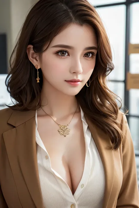 Beautiful young woman、 brown hair、Necklace around the neck、Office Lady Suits、Jacket、Unbuttoned shirt、Wavy Hair、short hair、Intricate details, Very detailed:1.2), 、 Looking into the camera,The background is the office、Necklace around the neck、濃いアイライン、ear pie...