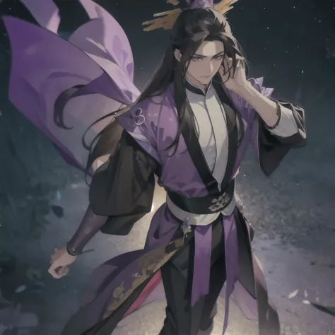 (masterpiece, best quality:1.2), 1male, solo, jiang cheng, mo dao zu shi, mdzs, purple and black clothes, purple eyes, long black hair, perfect anatomy, full body