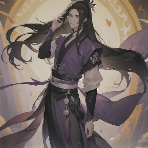 (masterpiece, best quality:1.2), 1male, solo, jiang cheng, mo dao zu shi, mdzs, purple and black clothes, purple eyes, long black hair, perfect anatomy, full body