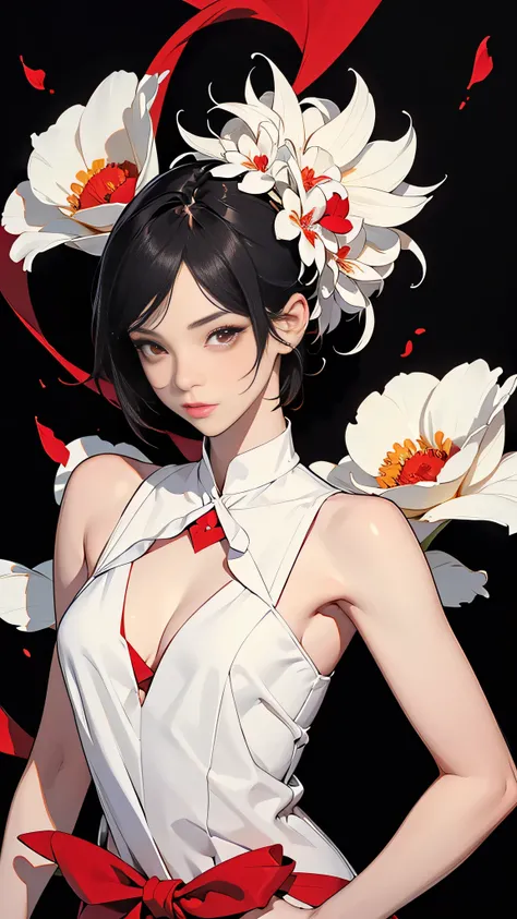 ((masterpiece,Highest quality)),One girl,Beautiful attention to detail, Detailed face, (whole body:1.2), White short hair, Red eyes,Mid-chest, (Black background:1.2), petal, Shadowed face,