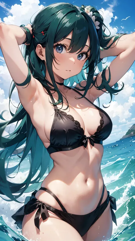 Green haired girl drawn in high resolution Japanese anime style、whole body、Women in white bikinis taking photos on a deserted beach, Bikini Model, , Young and cute gravure idol, Posing together in a bra, Russian and Japanese mix, sakimichan, Asian woman, W...