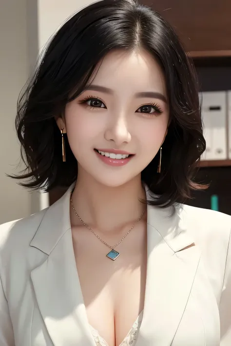 Beautiful young woman、 Black Hair、Necklace around the neck、Office Lady Suits、Jacket、Unbuttoned shirt、Wavy Hair、short hair、Intricate details, Very detailed:1.2), 、smile、Beautiful teeth alignment、 Looking into the camera,The background is the office、Necklace...