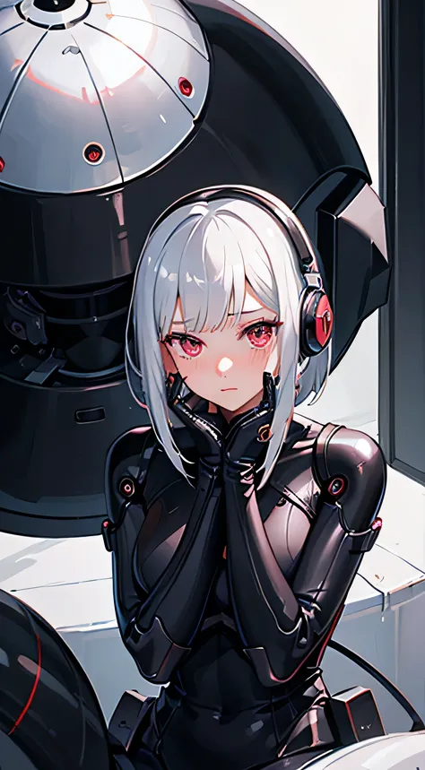 1 girl close up, android, Gynoid, Mechanical girl, furry headphones, spherical joint, silver hair, Red eyes, bob haircut, Hair, Sitting, hands on face, embarrassed, blush, conceptual art, beautiful anime scene, beautiful anime scenery, best rating on pixiv...