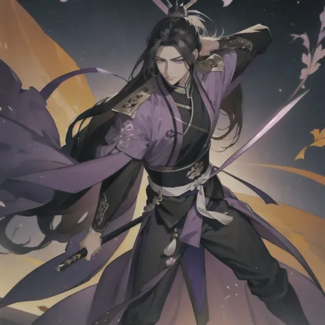 (masterpiece, best quality:1.2), 1male, solo, jiang cheng, mo dao zu shi, mdzs, purple and black clothes, purple eyes, long black hair, perfect anatomy, full body
