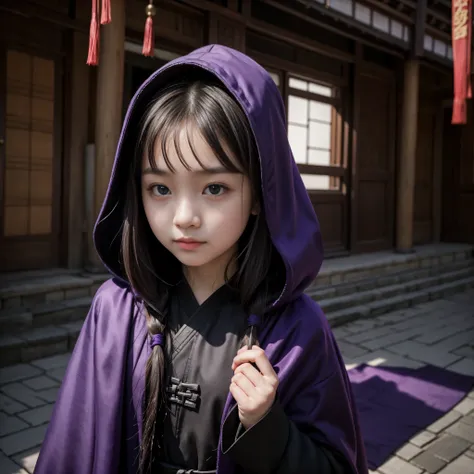 A girl, wearing a purple and black cloak, It is in a Chinese-style building