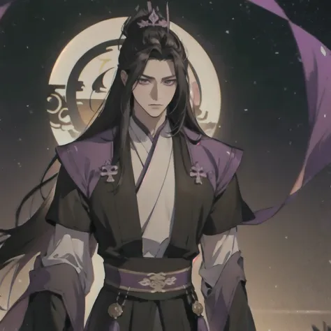 (masterpiece, best quality:1.2), 1male, solo, jiang cheng, mo dao zu shi, mdzs, purple and black clothes, purple eyes, long black hair, perfect anatomy, full body