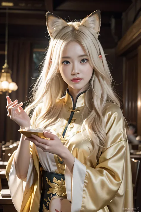 masterpiece,best quality,(Very detailed CG unified 8k wallpaper),(best quality),(Best illustrations),(The best shadow),1 Golden hair, fox ears, nine-tailed fox pose,Close-up of beautiful woman with blond hair and white mask,Wearing underwear,beautiful figu...