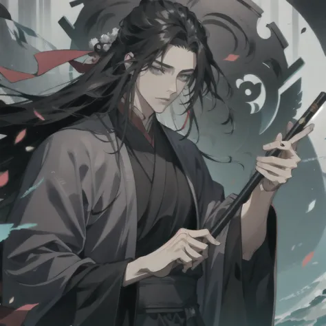 (masterpiece, best quality:1.2), 1male, solo, wei wuxian, mo dao zu shi, mdzs, black clothes, grey eyes, long black hair, perfect anatomy