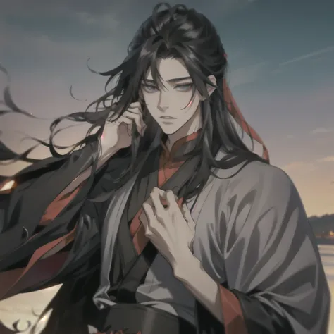 (masterpiece, best quality:1.2), 1male, solo, wei wuxian, mo dao zu shi, mdzs, black clothes, grey eyes, long black hair, perfect anatomy