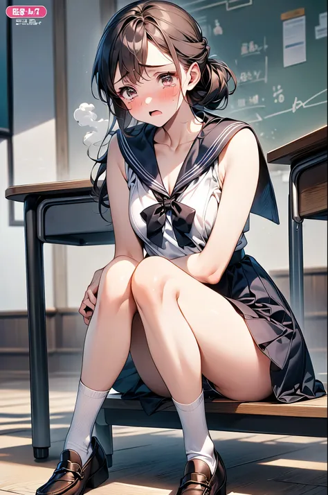 (1 person、alone), Beautiful woman, (Anatomically perfect body, Slender、(High school girls、Sailor suit:1.2)、 (Look down:1.2)、 years old、(Highest quality)、Black Hair, (half updo:1.2), classroom、(8K, High resolution)、(shy:1.4)、small breast, (Thin legs、Small A...