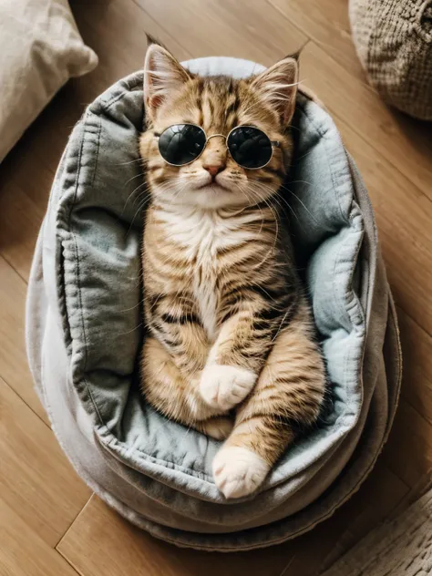 An overhead view of a fluffy kitten curled up and sleeping inside a pot. The kitten is small and has soft, plush fur, creating an adorable and cozy scene. The kitten is nestled comfortably in a circular shape, emphasizing its round, compact form as it rest...